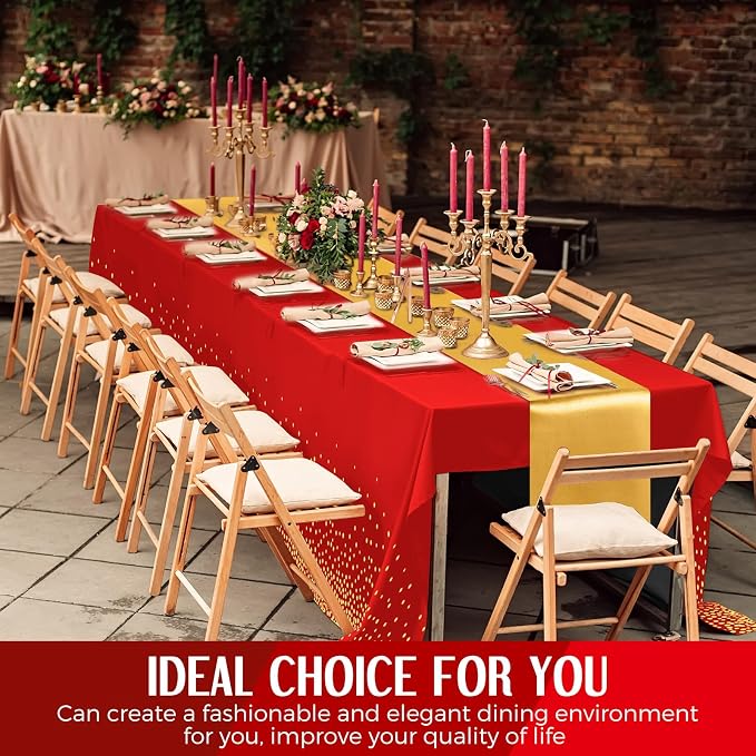Tudomro 16 Pcs Red and Gold Disposable Plastic Tablecloths and Satin Table Runner Set 54x108 Inch Tablecloth 12x108 Inch Table Runners for New Year Wedding Birthday Baby Shower Graduation