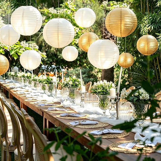 20Pcs Paper Lanterns Decorative, Gold and Ivory Round Hanging Paper Lanterns Decorations for Rustic Party Bridal Shower Wedding Birthday Party Supplies