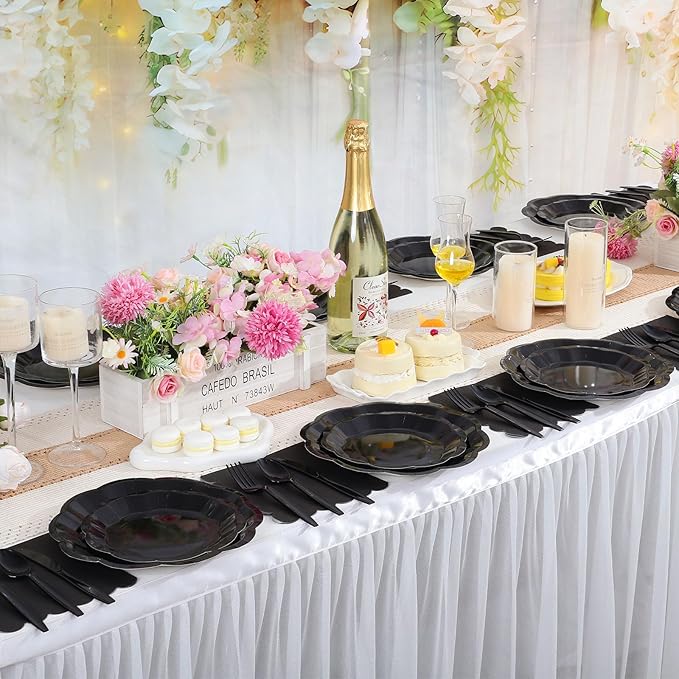175 Pcs Black Plates and Napkins Set, 25 Guest Black Party Supplies Include 9" Dinner Plates and 7" Dessert Plate Paper Napkins Cup Disposable Plastic Cutlery for Wedding Birthday Graduation Party