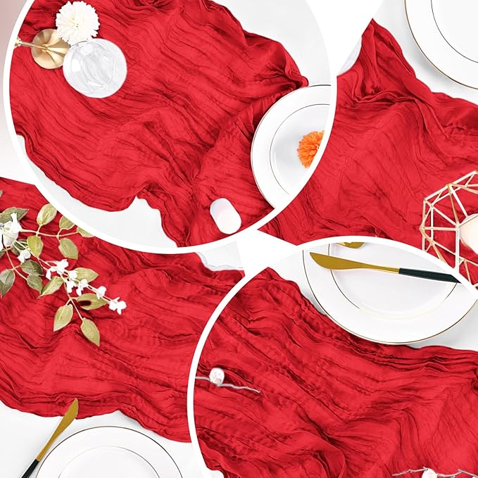 16 Pack Red Cheesecloth Table Runner 20 x 120 inch Gauze Table Runners 10 FT Long,Semi Sheer Boho Cheese Cloth Fabric Table Runner Bulk for Party,Wedding,Baby Shower,Bridal Shower Decoration