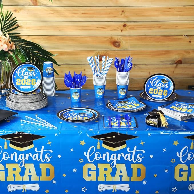 Funnymoom 452 Pcs 2026 Blue and Gold Graduation Party Decorations Supplies, Class of 2026 Graduation Paper Plates Napkins Cups Tablecloth Cutlery Straws Grad Congrats Grad Party Disposable Tableware