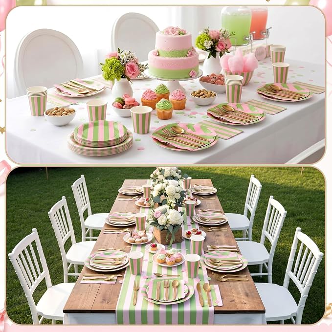 Mimorou 350 Pcs Green and Pink Striped Paper Plates and Napkins for 50 Guests, Striped Disposable Tableware Set Plates Cup Napkins Spoon Fork Knife for Wedding Baby Shower Birthday Party Supplies