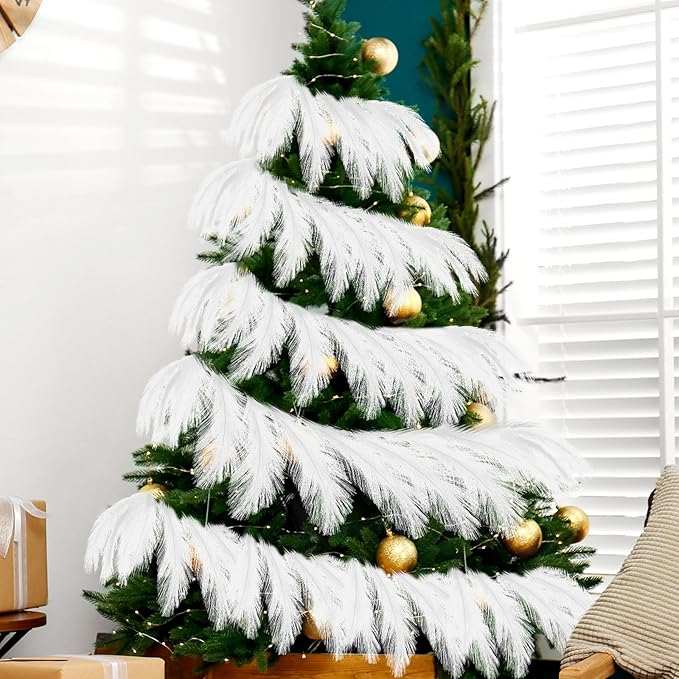 2025 2 Pcs 6 ft Christmas Tree Garland Decoration Pampas Grass Garland Faux Artificial Fabric Feathers Boho for Mantle Xmas Tree Home Farmhouse Christmas Holiday Party Supplies(White)