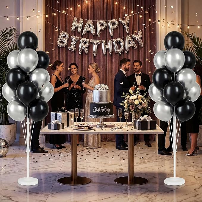Balloon Column Kit for Floor-Balloon Columns with Stand, Base and Pole,Balloon Tower Backdrop Decoration for Wedding, Baby Shower, Birthday Party, or Bachelorette Parties (BLACK SILVER)