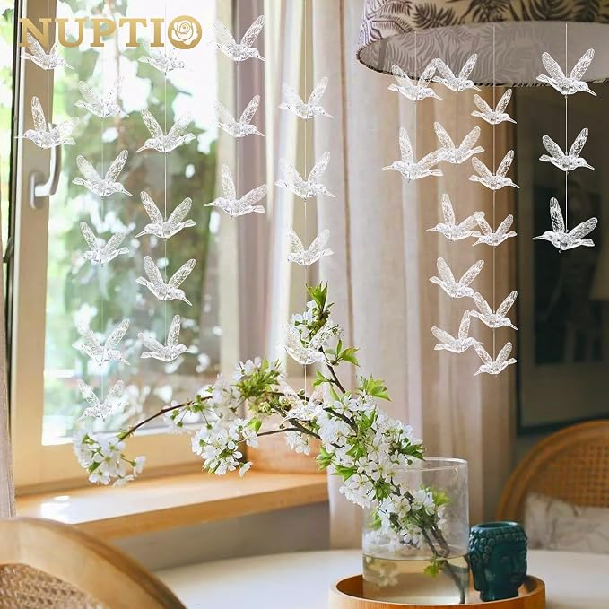 NUPTIO Crystal Ceiling Hanging Ornaments, Acrylic Flying Birds, 100 Pcs | Clear Hummingbird Decor with Transparent Line for Christmas Tree, Wedding, Party, Window, Birthday, Bedroom, DIY Gifts