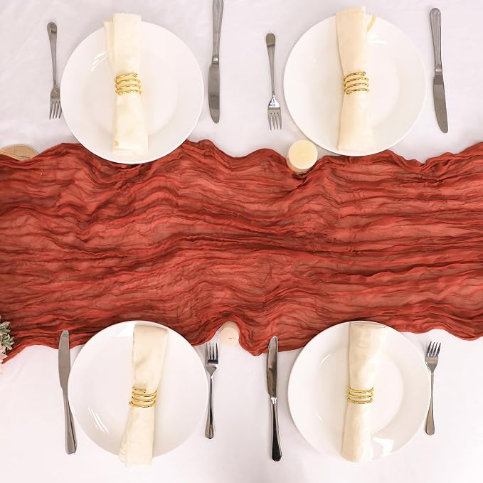 Snowkingdom 10 Ft Fall Thanksgiving Table Runner Terracotta Rust Cheesecloth Gauze, 120 inch Long Burnt Orange Boho Cheese Cloth for Wedding Bridal Shower Rustic Sheer Table Decorations