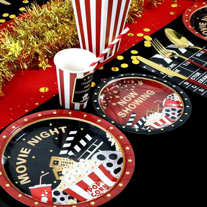 Recheel Movie Night Party Supplies Decorations, Movie Theme Birthday Paper Plates and Napkins Set with Cups and Straws for 24 Guests, 120 Pcs Disposable Party Snack Dinnerwares