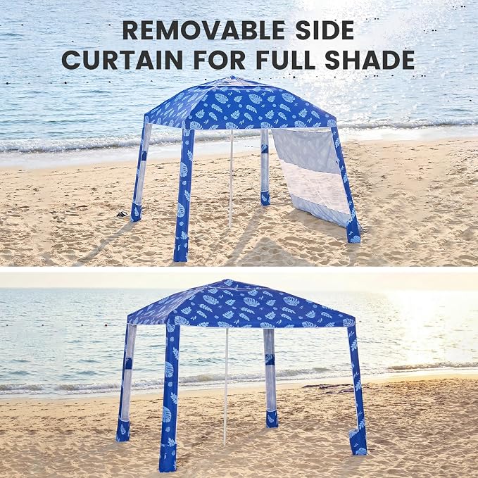 Zeraty Beach Cabana 8'×8', Portable Beach Canopy with Side Wall, UPF 50+ Silver-Coated Beach Tent Sun Shelter Easy Pop Up, Wind Resistant Adjustable Height Beach Umbrella Tent for Family, Coastal