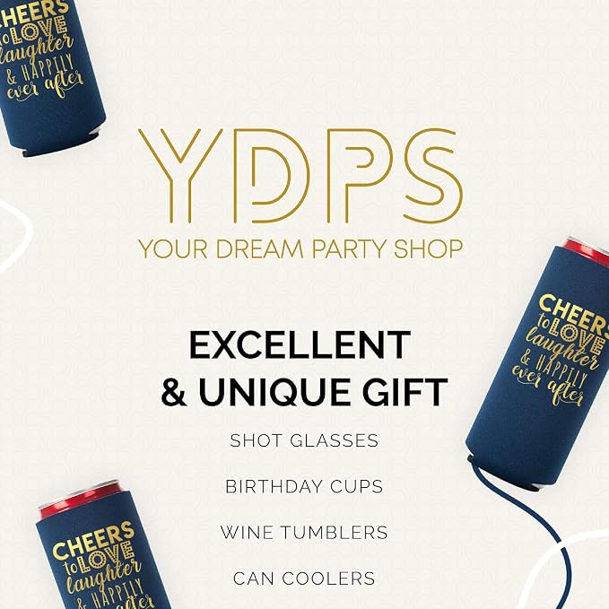 Wedding Can Cooler Decorations Set of 12 - Cheers to Love Laughter and Happily Ever After, Wedding Rehearsal Dinner Decorations - Bridal Showers, Engagement Party Favors for Guests and Supplies