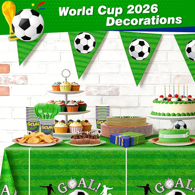 251PCS Soccer Party Decorations Serve 50 World Cup 2026 Soccer Ball Birthday Plates and Napkins Cups Tablecloth Party Supplies Disposable Party Favors Football Sports Theme Tableware Set