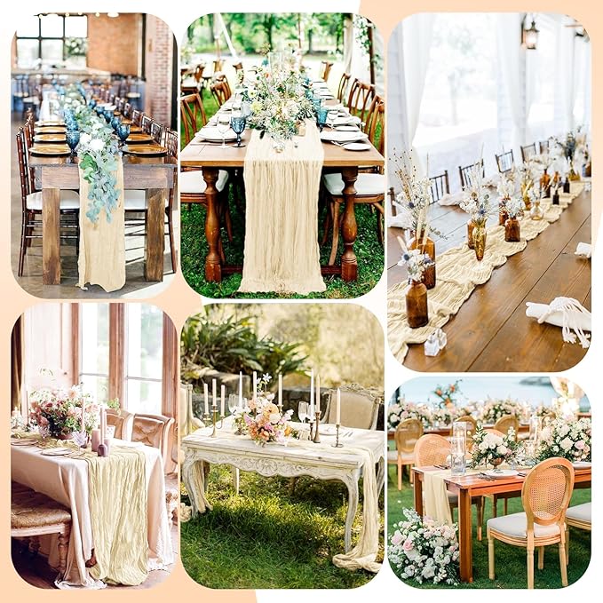 12 Pack Ivory Cheesecloth Table Runner, 10FT Cheesecloth Rustic Boho Table Runner Long Romantic Semi Sheer Table Runner for Wedding Baby Shower Birthday Bridal Party Decorations(21.5×120 Inch)