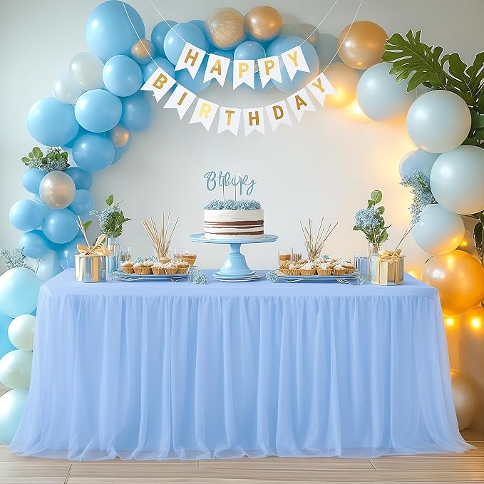 Baby Blue Tablecloth Rectangle Table Cover 6 Foot Table, Baby Blue Tulle Table Skirt Rectangle Table 6ft Stretch Tulle Tablecloth Skirt Fitted Elastic Birthday Party Baby Shower Light Blue Tablecloth