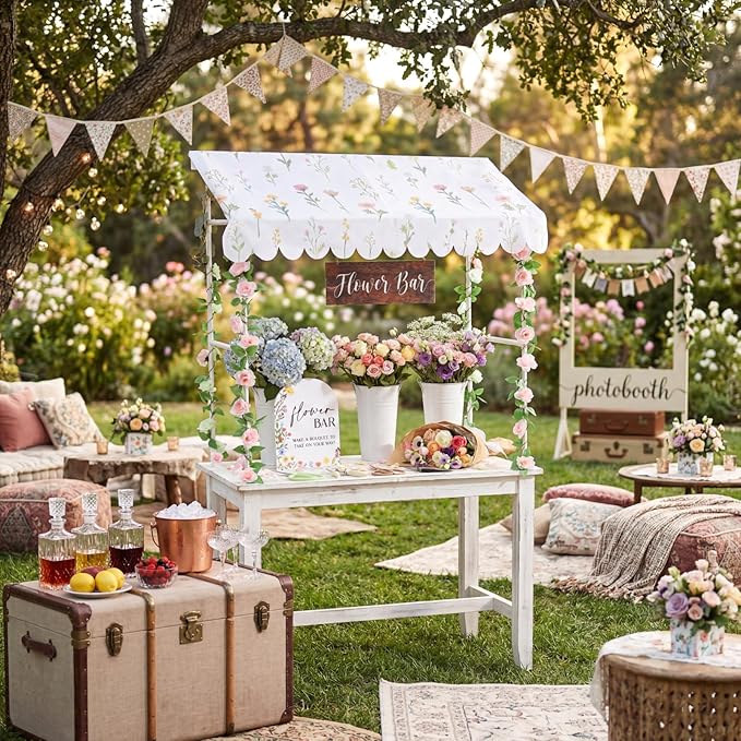 7 Pcs Flower Bar Stand Kit Flower Display Bloom Bar with 1 Set Plastic Stand 1 Floral Sunshade Cloth 4 Rose Tinsel 1 Wood Sign for Wedding Shop Floral Party Supplies Garden