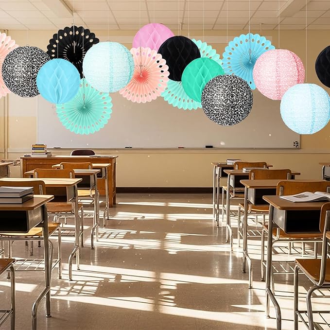 Retisee 18 Pcs Colorful Composition Book Classroom Decoration Kits Black and White Composition Hanging Paper Lanterns Paper Fans Honeycomb Balls Decor for Graduation End of Year School Supplies