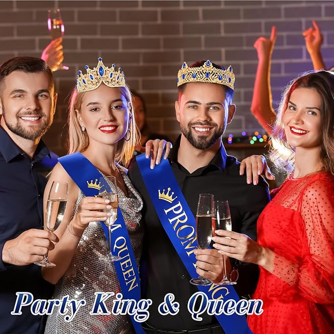 Ferreve 4 Pcs Prom King and Queen Crowns and Sashes Set Graduation Prom King and Queen Tiara Sash for 80's Prom Party Favors(Blue)