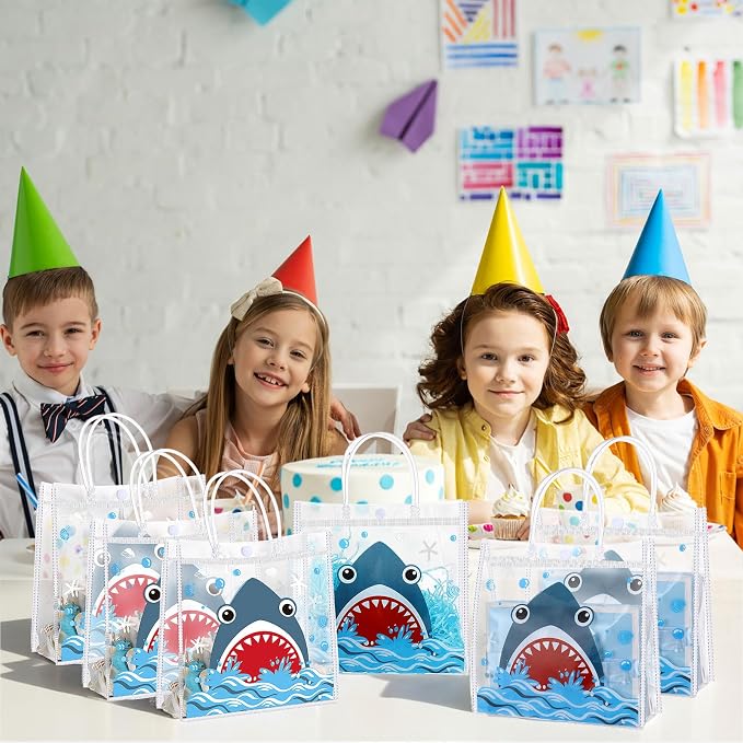 Hosuly 24 Pcs Shark Party Favor Bags with Handles, Clear PVC Blue Shark Candy Goodie Gift Bags for Summer Ocean Sea Baby Shower Birthday Party Favors Supplies, 7.9 x 7.9 x 3.1 Inch