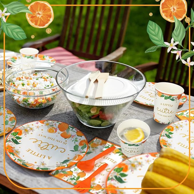 350 Pcs Little Cutie Baby Shower Decorations a Little Cutie Is on The Way Tableware Set, Plates Napkins Cups Dessert Forks Disposable Supplies for 50 Guests, Cute Orange Party Decoration