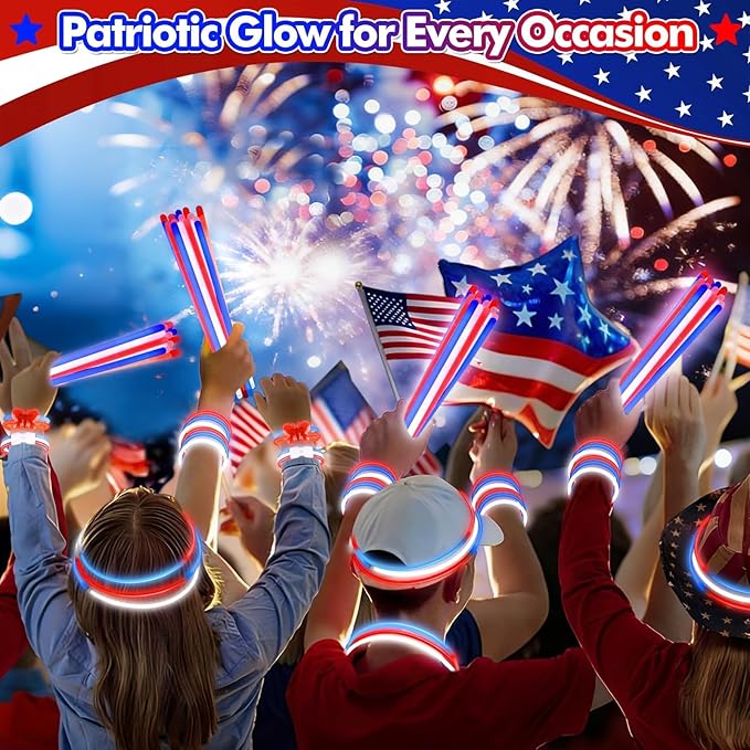 BUDI 467Pcs 4th of July Accessories Glow Sticks: Red White Blue Glow in the Dark Patriotic Party Favors Necklace Bracelets Glasses for Kids Adults 210 GlowSticks 8“ with 257 Connectors Light Up Toys