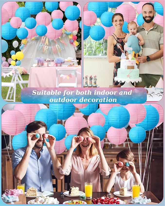 Treela 48 Pcs Paper Lanterns Party Decorations Chinese Round Paper Decor 4/6/8/10 Inch Asian Hanging Lamps Decorative for Graduate Wedding Birthday Party Bridal Parties Supplies(Pink and Blue)