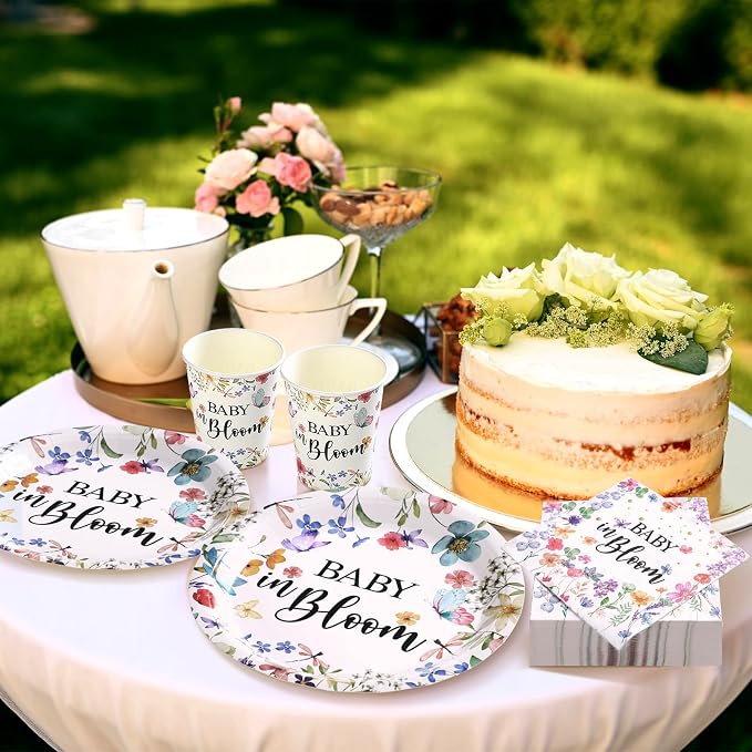 Hsei 250 Pcs Baby in Bloom Baby Shower Decorations Wildflower Plates and Napkins Set Floral Party Tableware Set for 50 Guests Floral Disposable Plates Napkins Cups for Birthday Party Supplies