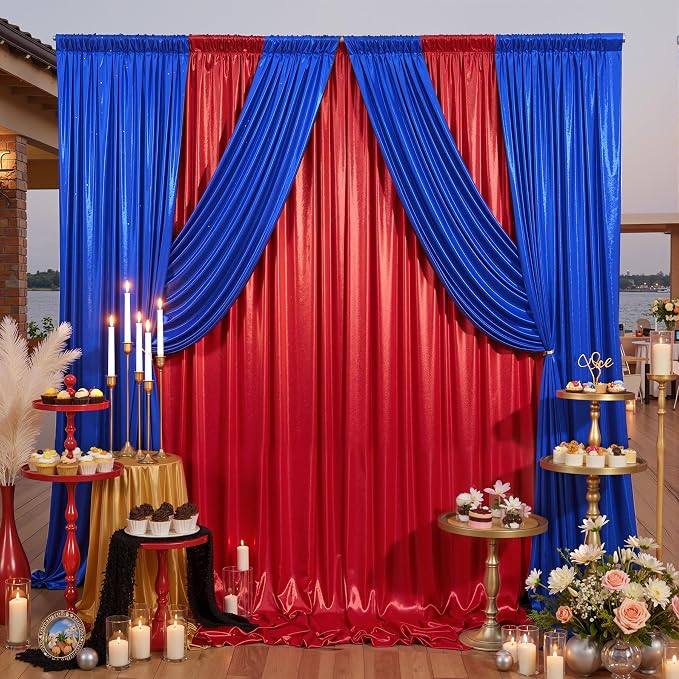 20ft x 10ft Red Royal Blue Sequin Backdrop Curtain for Parties, Wrinkle Free Glitter Photo Backdrop Drapes 4 Panels 5x10ft Back Drop Cloth for Wedding Photography Background
