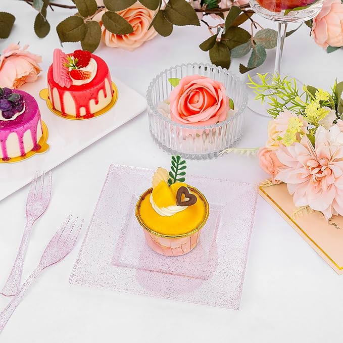 DaYammi 100Pcs Pink Dessert Plates with Forks Including 50Pcs Appetizer Plates,50Pcs Plastic Forks,Glitter Square Plate pink Disposable plates for Wedding,Plastic Cake Plate for Mother's Day Party