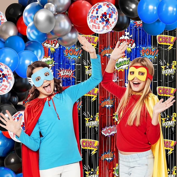 Black Red Blue Balloon Garland Arch Kit Birthday Party Decorations, Hero Foil Fringe Curtains Backdrop Tinsel Streamer Photo Booth Props for Hero Party Decor Supplies Favors