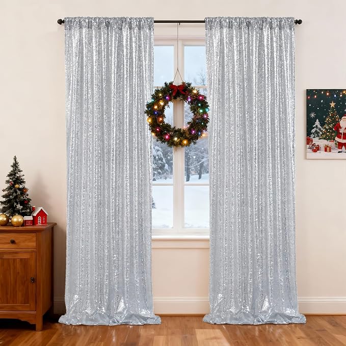 SquarePie 2 PCS 2x8ft Silver Sequin Backdrop Curtains, Satin-Backed Shimmering Photo Booth Background, 2 Panels Narrow Real Sequin Drapes with 4" Rod Pocket for Party, Baby Shower, Doorway Decor