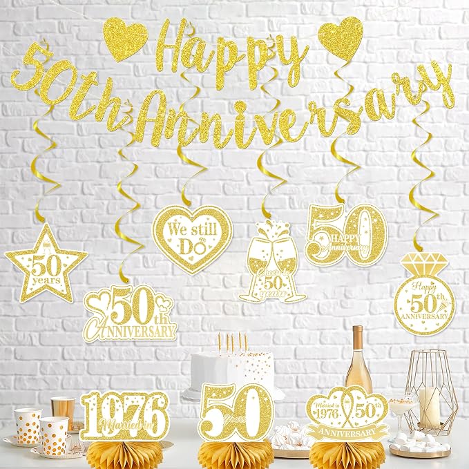 Holkcog White Gold 50th Anniversary Decorations, Gold Glitter Happy 50th hang Banner, Hanging Swirls,Honeycomb, Cheers to 50 Years Party Supplies,50 Years Anniversary Party Decorations