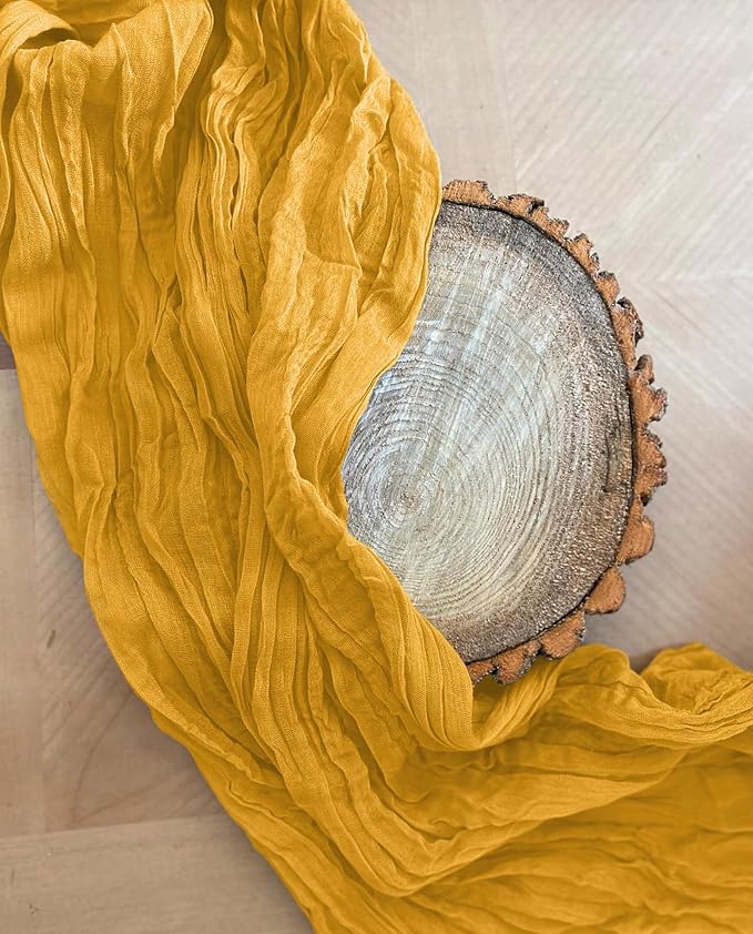 24 Pack Mustard Cheesecloth Table Runner 10FT Boho Gauze Cheese Cloth Table Runner Rustic Sheer Fabric Table Runners for Wedding Bridal Shower Baby Shower Party(21.5×120 Inch)