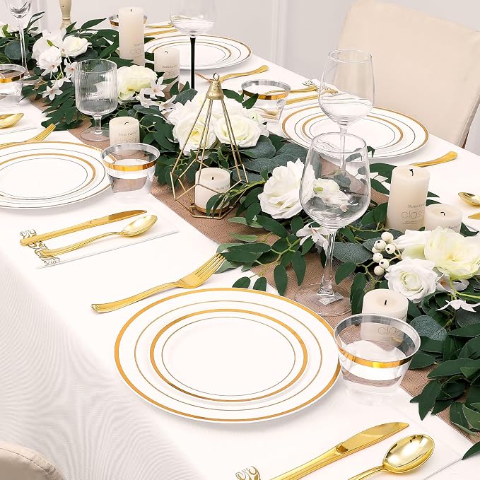 700-Piece Gold Rim Plastic Dinnerware Set for 100 Guests, Elegant Disposable Dinnerware for Party, Wedding. Includes Dinner Plates, Dessert Plates, Gold Silverware, Napkins, Cups