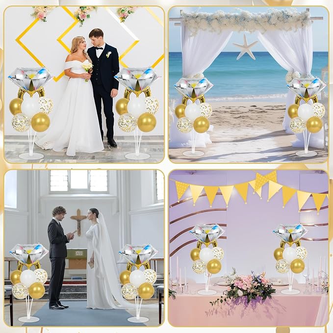 Engagement Party Balloons Stand Kit 2 Sets With 2 Diamond Ring Foil Balloons White Gold Confetti Balloon Centerpiece for Tables for Wedding Bridal Shower Marriage Bachelorette Party Decorations
