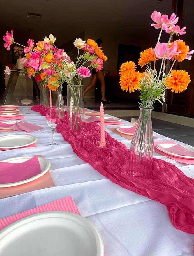 24 Pack Hot Pink Cheesecloth Table Runner 10FT Boho Gauze Cheese Cloth Table Runner Rustic Sheer Fabric Table Runners for Wedding Bridal Shower Baby Shower Party(21.5×120 Inch)