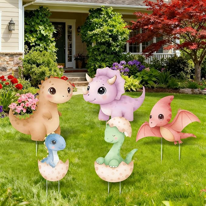 5Pcs Dinosaur Baby Shower Decorations, Large Baby Dinosaur Cardboard Cutout Standup, Dino Themed Birthday Party Signs for Photo Booth Props Backdrops Decor Cartoon Party Supplies