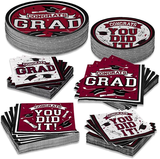 Gatherfun Graduation Party Supplies Dinnerware Set maroon Disposable dinner paper plates dessert paper plates and Napkins for Congrats Grad Party Decorations, Serve 50