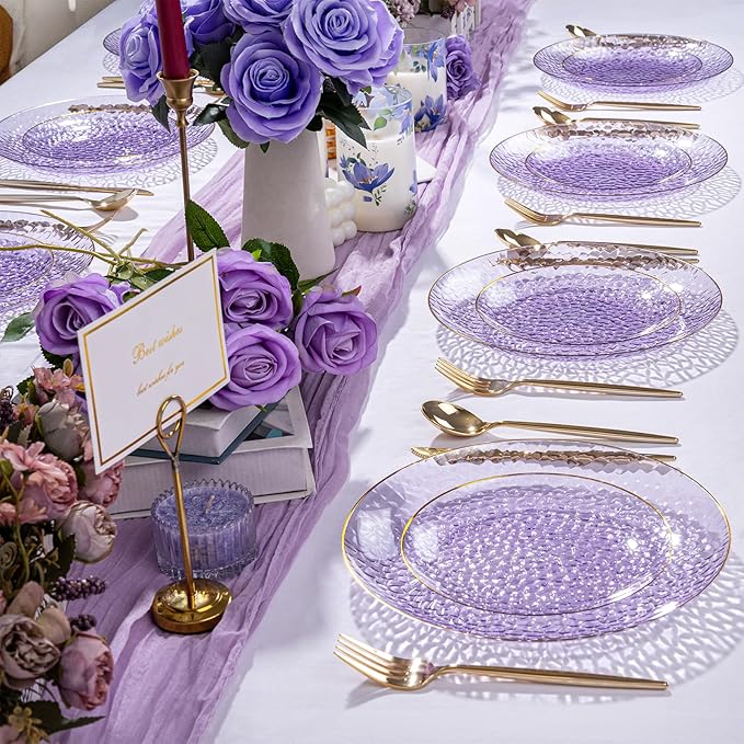 Rubtlamp 100Pcs Purple Gold Plastic Plates, Purple Disposable Plates With Gold Rim, Hammered Plastic plates Include 50 Clear Dessert Platos, 50 Dinner Platos for Party