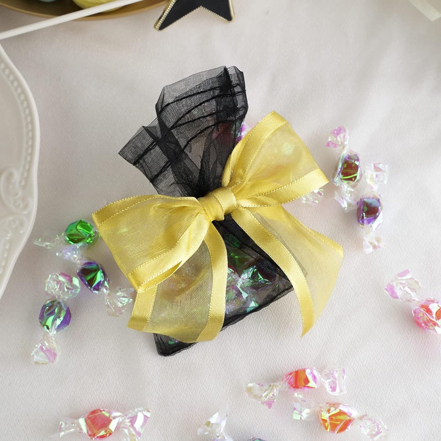 AIMUDI Gold Bows for Treats 4" Organza Bows Premade Twist Ties Bows for Gift Wrapping Crafts Treat Bags Baskets Cake Pop Baby Shower Birthday Wedding Christmas Decor - 12 Counts