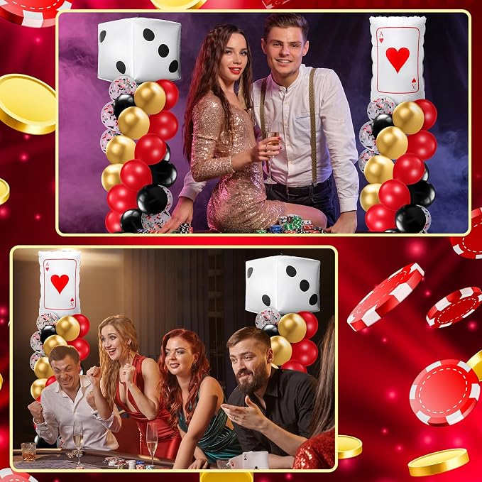 Kasyat 2 Set Casino Balloon Column Stand Kit Adjustable Red Black Gold Dice Poker Foil Balloons Arch Garland Kit for Birthday Casino Night Las Vegas Theme Party Decorations