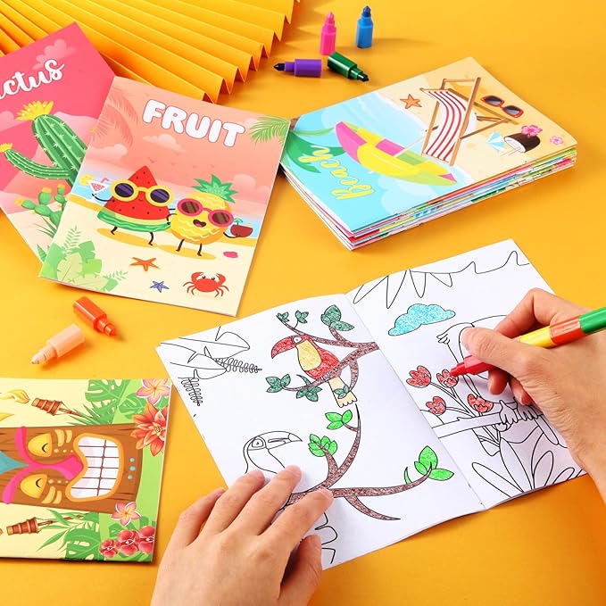 BenLouis 24 Summer Mini Coloring Books Kids with 24 Stacking Crayons Beach Pool Party Favors Activity Books Bulk for Kids Summer Birthday Goodie Bag Gift Stuffer Classroom Reward