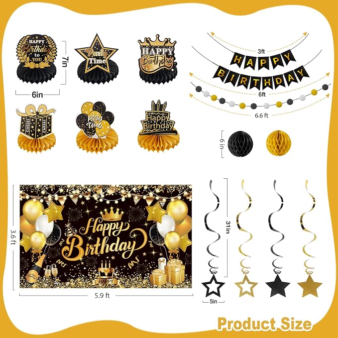Happy Birthday Party Decoration Set: Including Birthday Banner Backdrop, Party Table Centerpieces and Hanging Swirl Party Streamers, Birthday Decor Suppliers for Men and Women (Black and Gold, Birthday Party)