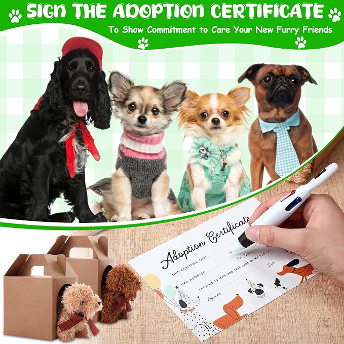 Blueweenly 84 Pcs Adopt a Pet Party Supplies 24 Mini Animals 10 White Plastic Fence 24 Paper Gift Boxes 24 Adoption Cards with Mini Chalkboard and Artificial Lawn(Puppy)