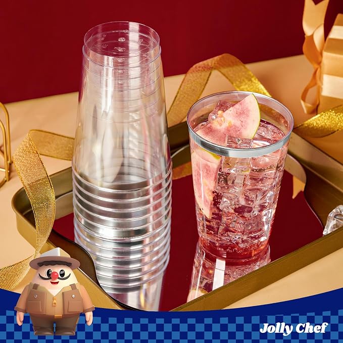 JOLLY CHEF 100 Pack Silver Plastic Cups, 12 oz Clear Plastic Cups Tumblers, Elegant Silver Rimmed Disposable Drink Glasses for Party Wedding, Thanksgiving Day, Christmas