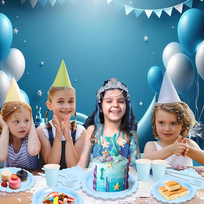 350 Pcs Light Blue Paper Plates and Napkins, Boy Baby Shower Decorations Include Scalloped Plates Napkins Cups for Kindergarten Graduation, Bridal Shower, Summer Wedding, Birthday