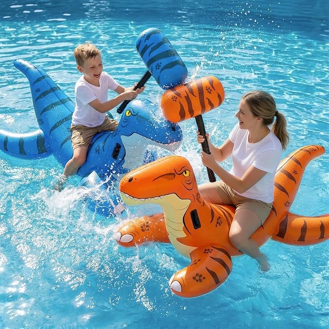 Jasonwell Pool Games Toys Floats -2Pack Inflatable Dinosaur Pool Floats with Blow Up Toy Hammers Ride on Pool Floaties for Kids Teens Adults Lounge Raft Summer Lake Beach Party Decorations
