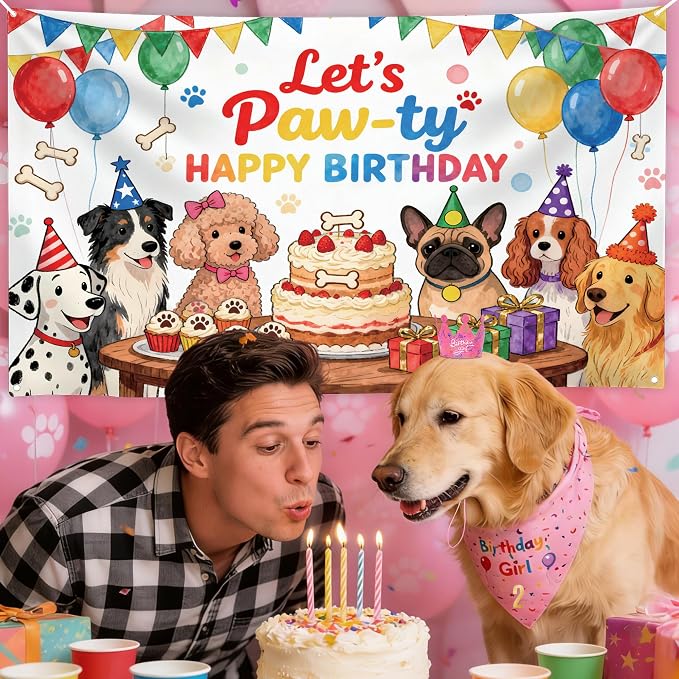 Dog Birthday Party Supplies,72X43Inch Let's Pawty Dogs Kids Birthday Party Banner Birthday Girl Cake Bandana Triangle Scarf Party Hat with Numbers for Large Medium Small Dog