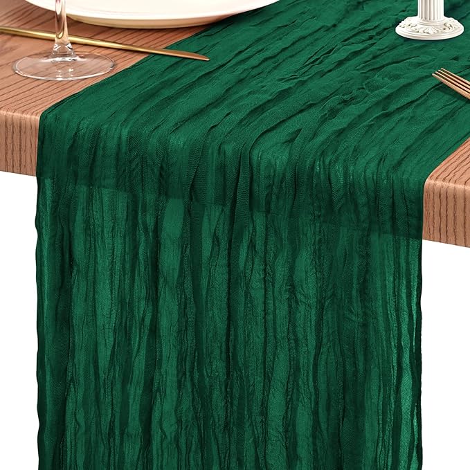 2 Pack Cheesecloth Table Runner 10FT Emerald Green Table Runner Boho Gauze Cheese Cloth Table Runners Long Rustic Sheer Table Decorations for Wedding Party Baby Bridal Shower Birthday Holiday Home