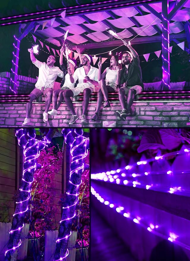 Brightown Solar String Lights Outdoor, 39FT 100 LED Halloween Solar String Lights with 8 Modes, Halloween Decoration Outdoor, Waterproof Solar Rope Lights for Outside Tree Yard Christmas Party, Purple