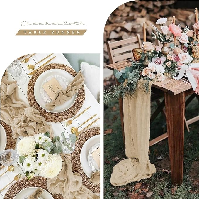 24 Pack Light Brown Cheesecloth Table Runner, 10FT Long Romantic Sheer Cheesecloth Rustic Boho Table Runner for Wedding Birthday Bridal Party Decorations(21.5×120 Inch)