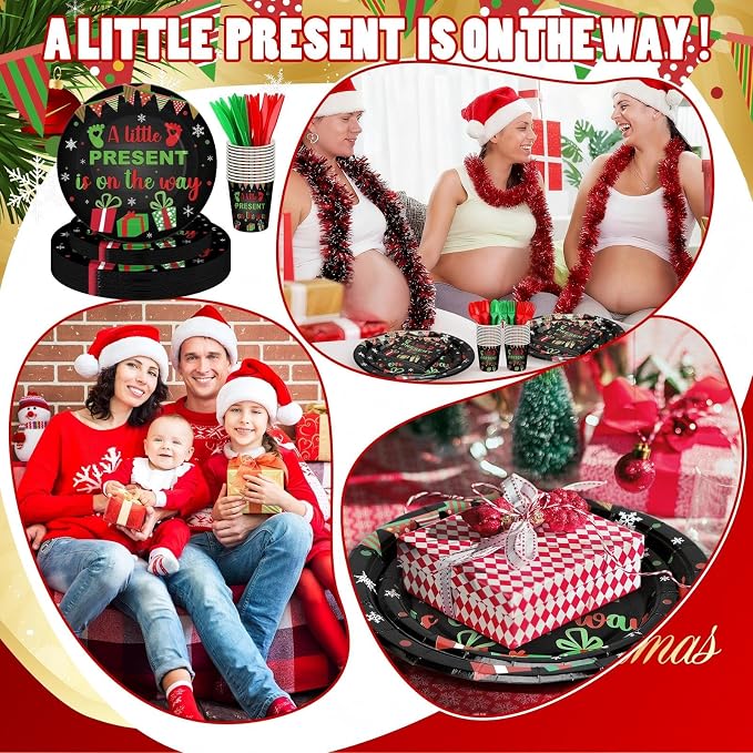 168 Pcs A Little Present Is on the Way Christmas Baby Shower Party Supplies Green Red Tableware Set Disposable Paper Plates Cups Utensils for Christmas Baby Shower Birthday Party serve 24