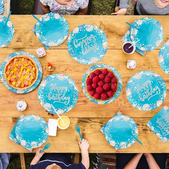 96Pcs Ocean Sea Party Decorations Ocean Waves Birthday Plates and Napkins Disposable Summer Blue Sea Tableware Sets for Boys Girls Birthday Baby Shower Coastal Party Supplies, Serves 24